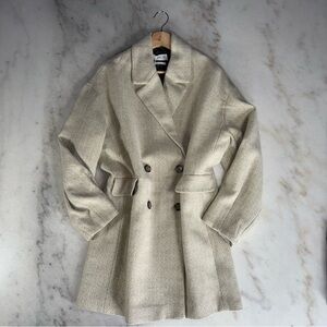 Mango Wool Blend Herringbone Double Breasted Coat Neutral Beige Medium New NWT